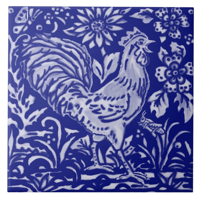 Blue Rooster Chicken Floral Farmhouse Art (Frente)