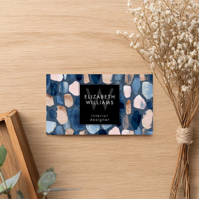 Blue Rose Gold Monogram Modern Business Card (Criador carregado)