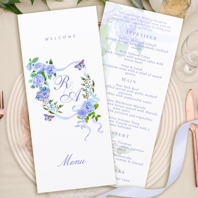 Blue Rose Ribbon Monogram Wedding Menu (Blue Rose Ribbon Monogram Wedding Menu)