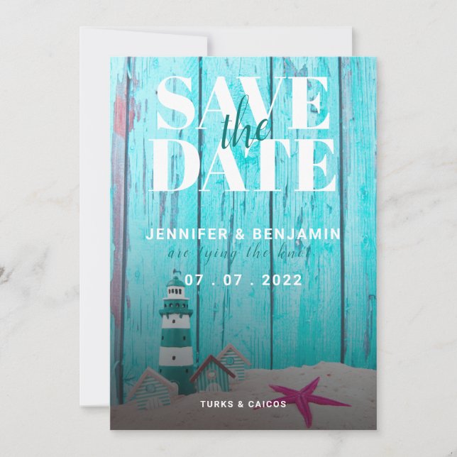 Blue Rustic Wood Beach Casamento Salvar a Data (Frente)