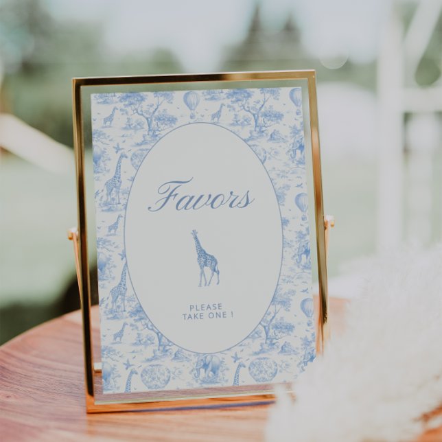 Blue Safari Toile de Jouy Baby Shower Favor Sign (Criador carregado)