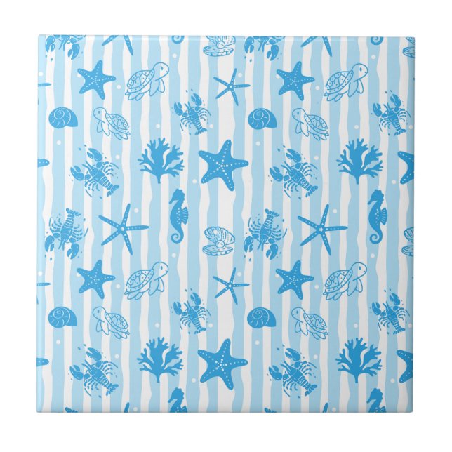 Blue Sea Creatures Nautical Doodle Pattern (Frente)