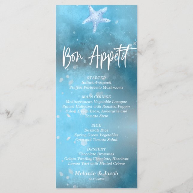 Blue Sea Summer Bon Appetit Wedding Flat Menu Card (Frente)