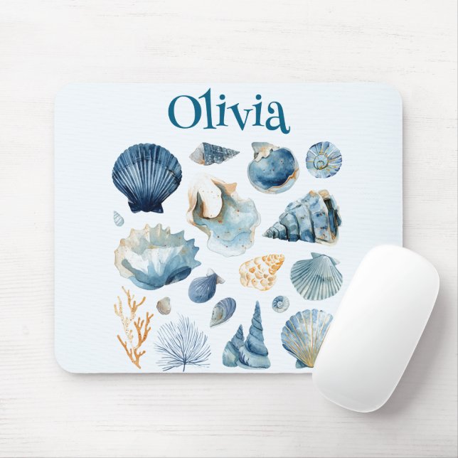 Blue Seashell Mouse Pad | Custom Name (Com mouse)