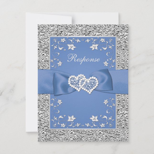 Blue Silver Floral Hearts FAUX Foil Wedding RSVP (Frente)