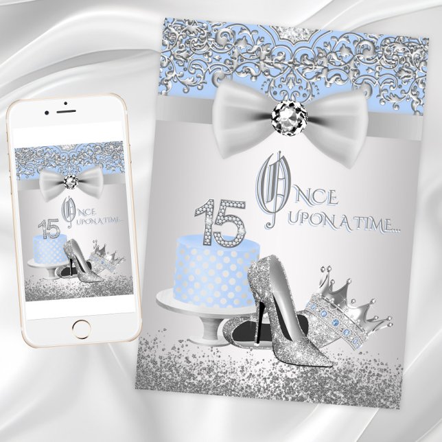 Blue Silver Quinceanera Princesa Convites (Blue Silver Quinceanera Princess Invitations. Digital download and print files available.)