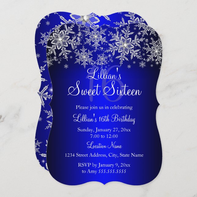 Blue Silver Snowflake Sweet 16 Convite (Frente/Verso)