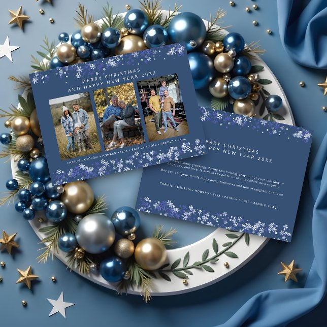 Blue Snowflake Christmas Modern Collage 3 Photos (Blue Snowflake Christmas Modern Collage 3 Photos Family Folder Holiday Cards.)