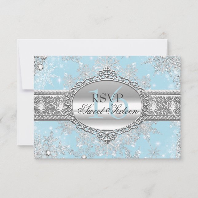 Blue Snowflake Winter Wonderland Sweet 16 RSVP (Frente)
