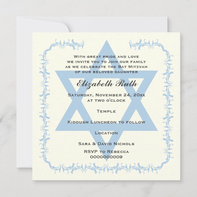 Blue Star of David damask Bat Mitzvah convite (Frente)