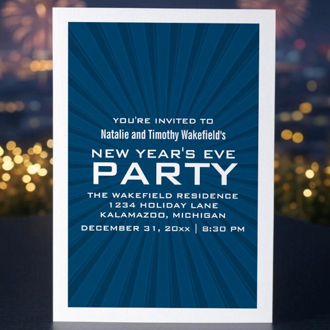 Blue Starburst Stripes Festa de Ano Novo Convite (Blue Starburst Stripes New Years Party Invite)
