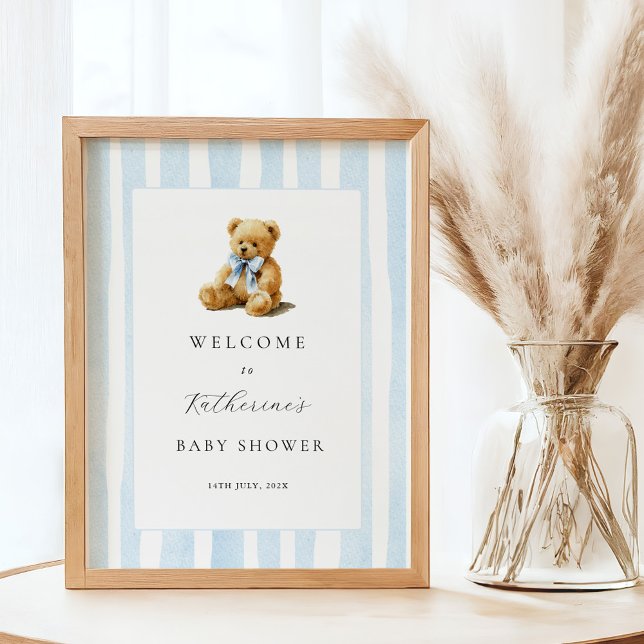 Blue Stripes Bear Baby Shower Welcome Poster (Criador carregado)