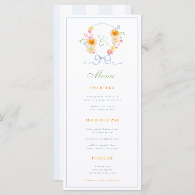 Blue Stripes & Floral Crest Spring Wedding Menu (Frente/Verso)