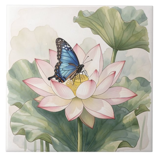  Blue Swallowtail Butterfly With Lotus Flower Art (Frente)