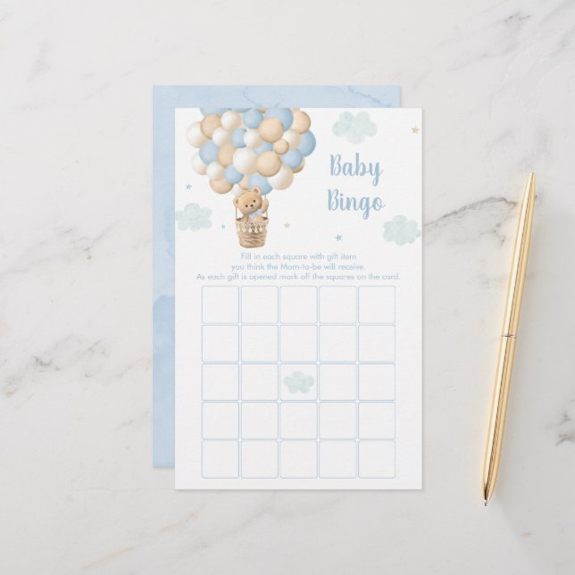 Blue Teddy Balloons Baby Shower Bingo Game (Frente/Verso In Situ)