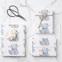 Blue Teddy Bear lendo um Chá de fraldas