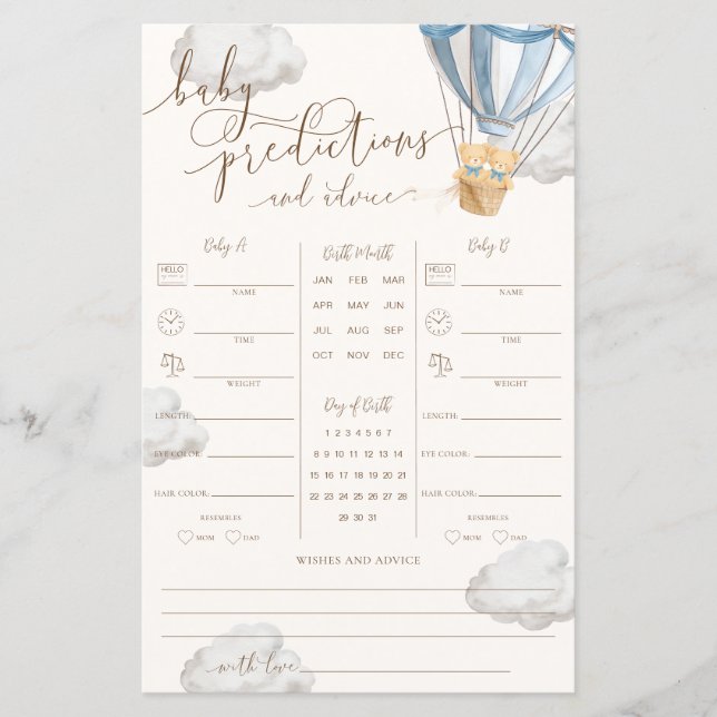 Blue Teddy Bear Twins Baby Predictions Game (Frente)