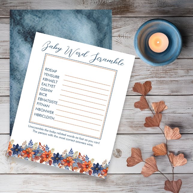 Blue Terracotta Floral Chá de fraldas Palavra Scra (Boho Blue and Terracotta Fall |  Autumn Floral  Baby Shower "Baby Word Scramble" Game)