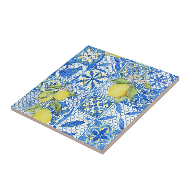 Blue Tile French Country Lemon Pattern Home Decor (Lateral)