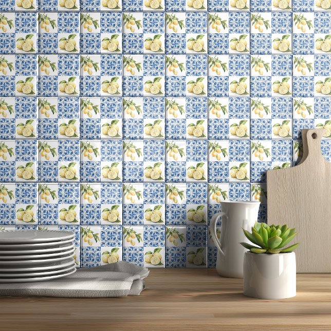 Blue Tile French Country Lemon Pattern Tile (Criador carregado)