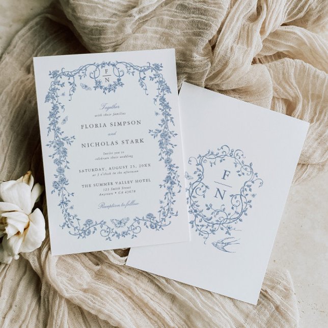 Blue Toile De Jouy Convite para Casamento Chinoise (Criador carregado)