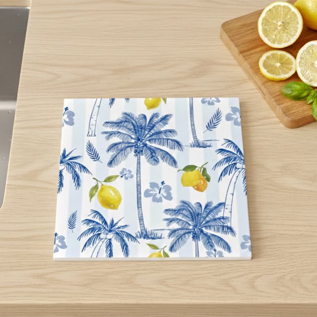 Blue Toile Palm Trees Lemons Pattern (Criador carregado)