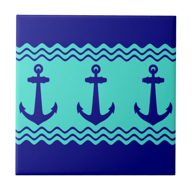 Blue Turquoise Nautical Anchor Coastal Stripes (Frente)