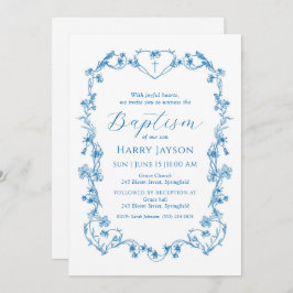 Blue Vintage Blue Floral Frame Baptism Convite