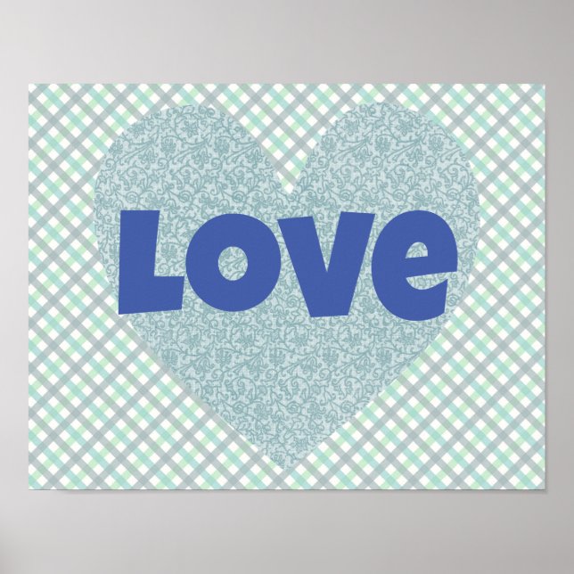 Blue Vintage Floral Heart and Love Poster (Frente)