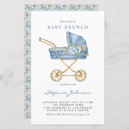 Blue Vintage Stroller Baby Brunch Convite