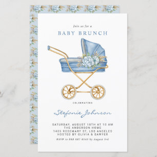 Blue Vintage Stroller Baby Brunch Convite
