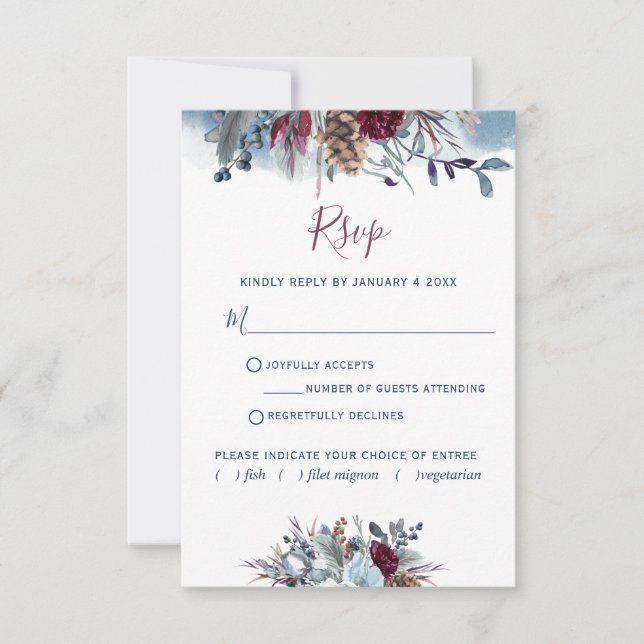 Blue Watercolor, Blue, Burguny Purple Floral RSVP (Frente)
