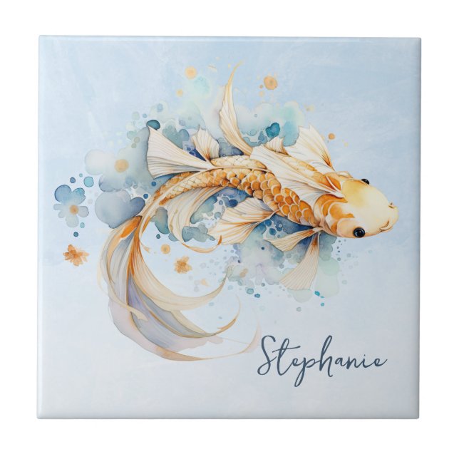 Blue Watercolor Dourado Peixe Koi Personalizado (Frente)