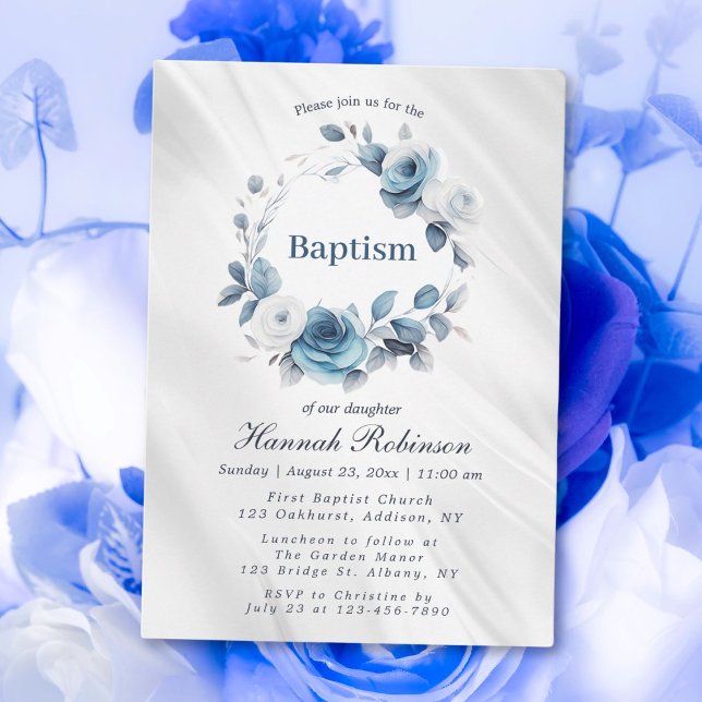 Blue Watercolor Floral Baptism Convite (Criador carregado)