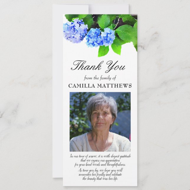Blue Watercolor Floral Photo Bereavement Obrigado (Frente)