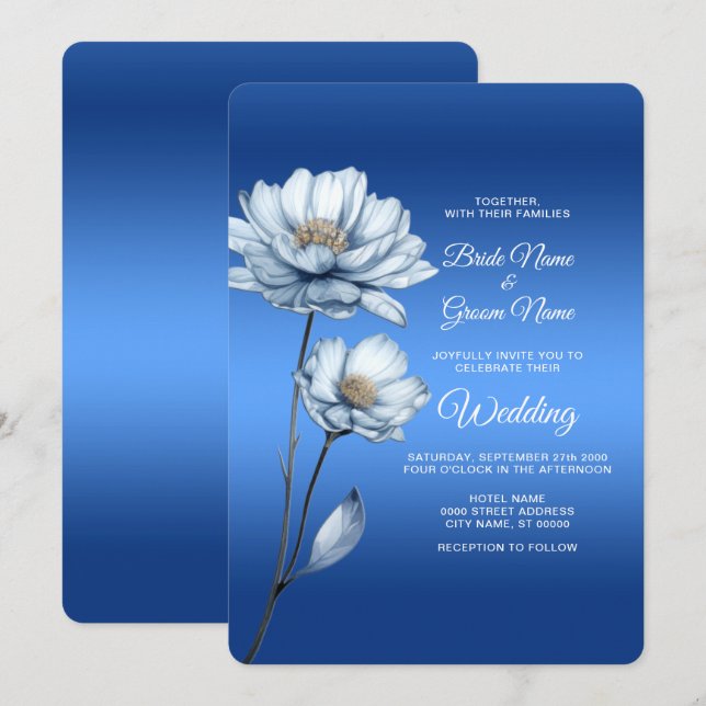 Blue Watercolor Flowers Convite De Casamento (Frente/Verso)