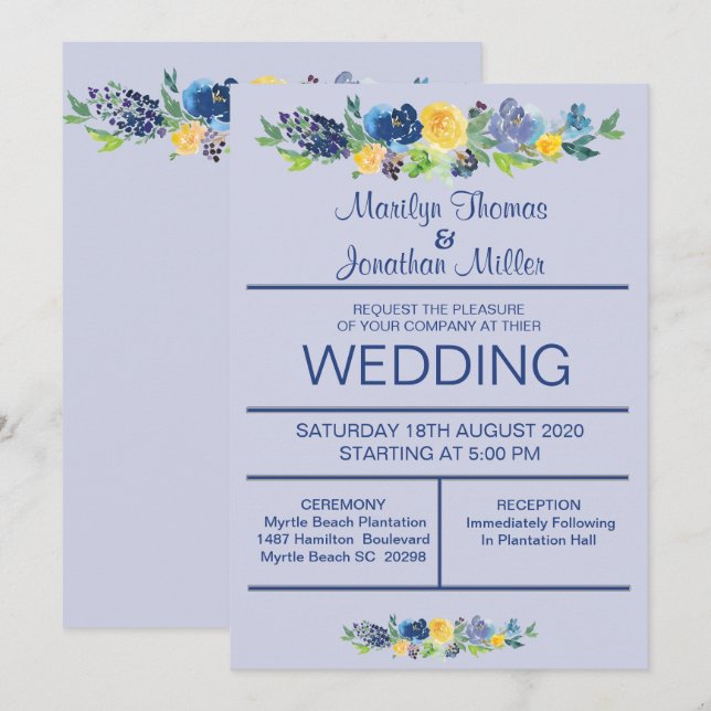 Blue Watercolor Flowers Convite De Casamento (Frente/Verso)
