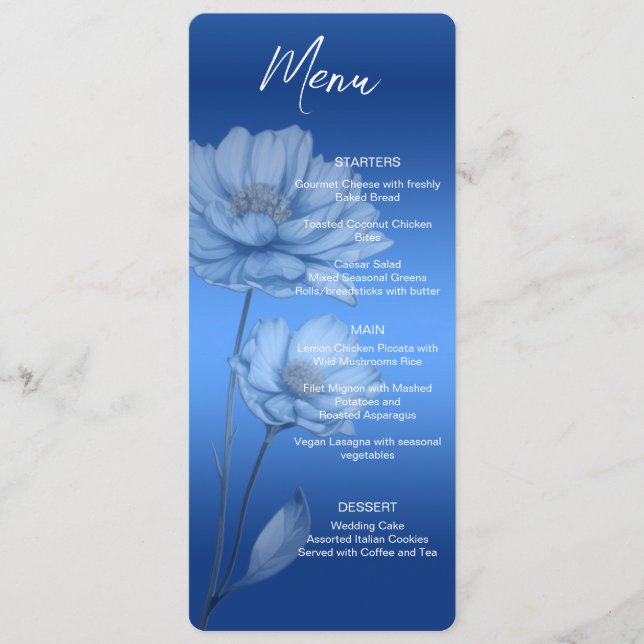 Blue Watercolor Flowers Wedding Menu (Frente)