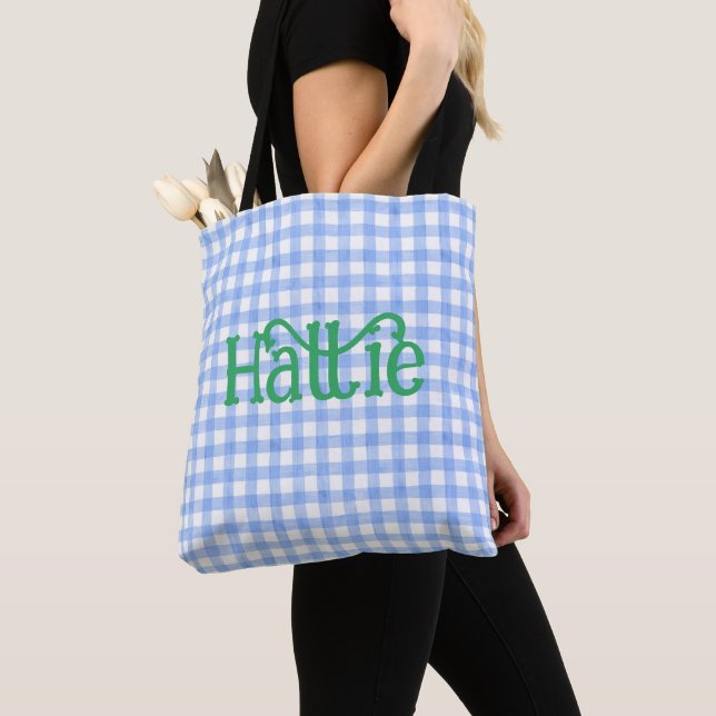Blue Watercolor Gingham Personalizado Tote Bag (Close Up)