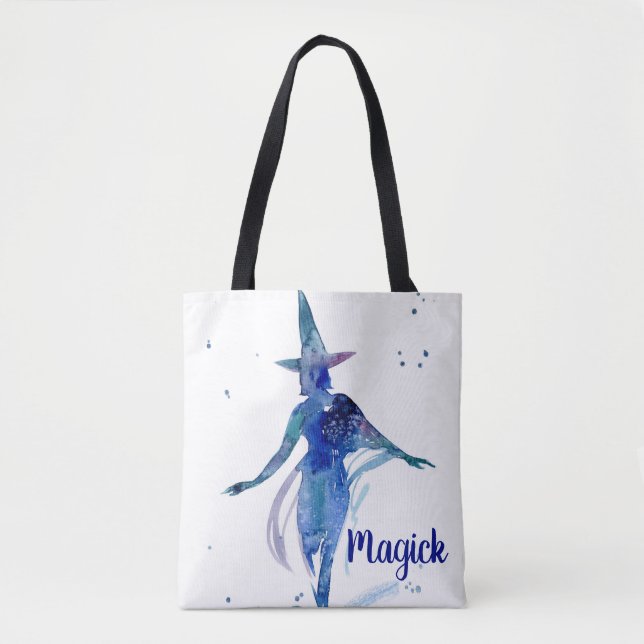 Blue Watercolor Magick Witch Tote Bag (Frente)