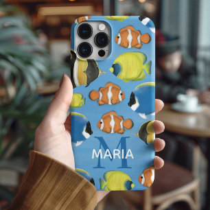 Blue Watercolor Monograma Personalizado Peixe Trop