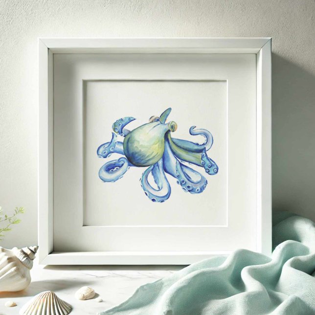 Blue Watercolor Octopus Poster (Watercolor paintings beach art blue octopus by Victoria Grigaliunas of Do Tell A Belle)