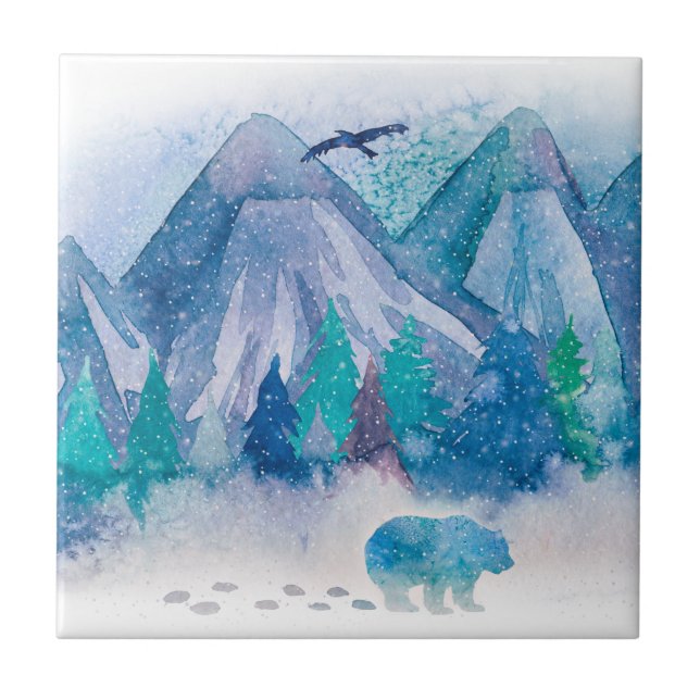 Blue Watercolor Winter Mountain Landscape Art (Frente)