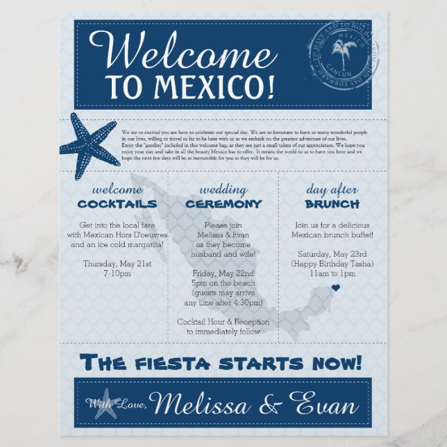 Blue Wedding Starfish Carta de Boas-vindas Cancun  (Frente)