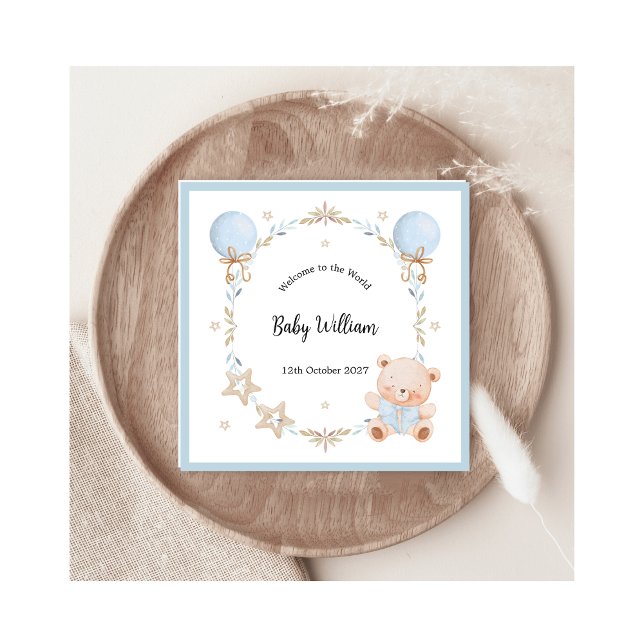 Blue Welcome Baby Boy Floral Frame Teddy Bear Card (Criador carregado)