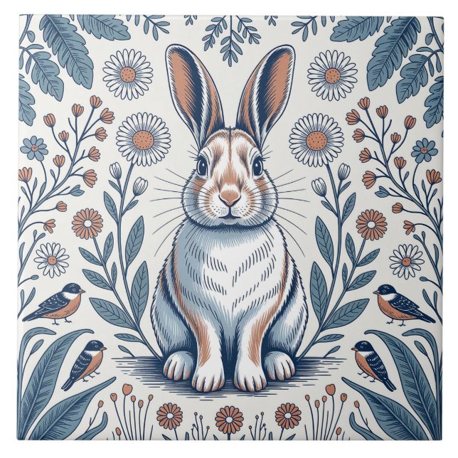 Blue Whimsical Bunny Rabbit Floral Design (Frente)