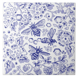 Blue White Bee Honey Floral Farmhouse Arte Russa