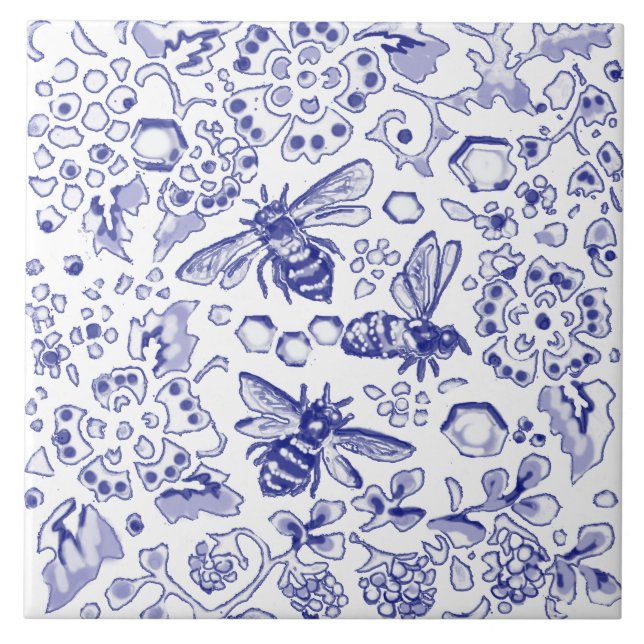 Blue White Bee Honey Floral Farmhouse Arte Russa (Frente)