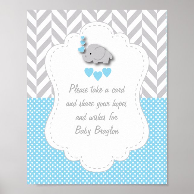 Blue, White Gray Elephant Baby Shower Poster (Frente)