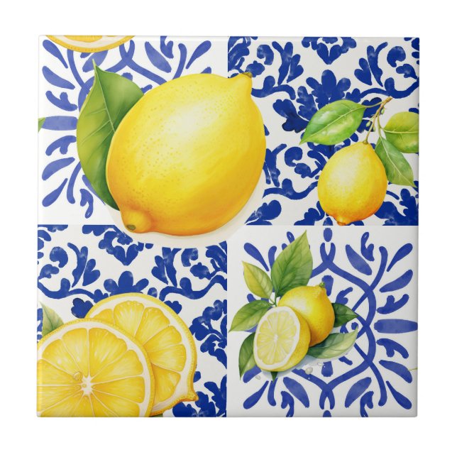 Blue White Lemon Pattern Mediterranean Citrus (Frente)
